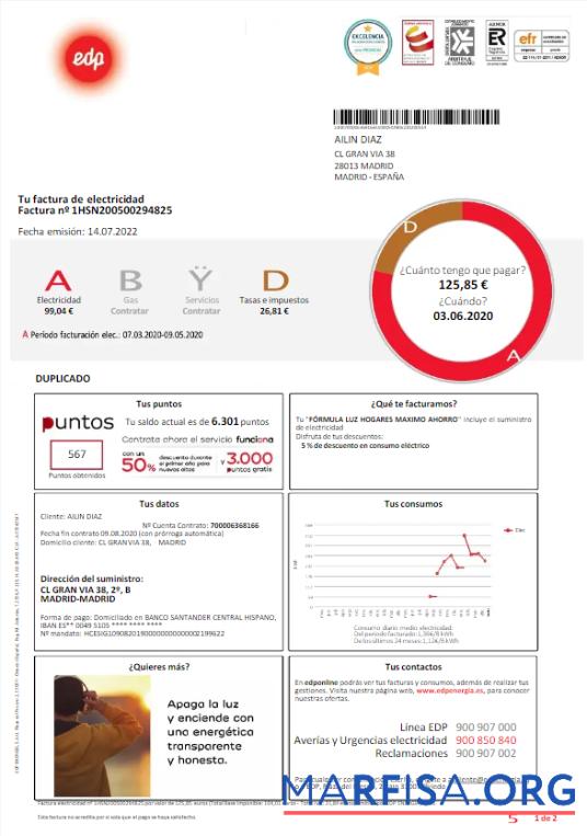 Realistic SPAIN EDP utility bill template, version 2